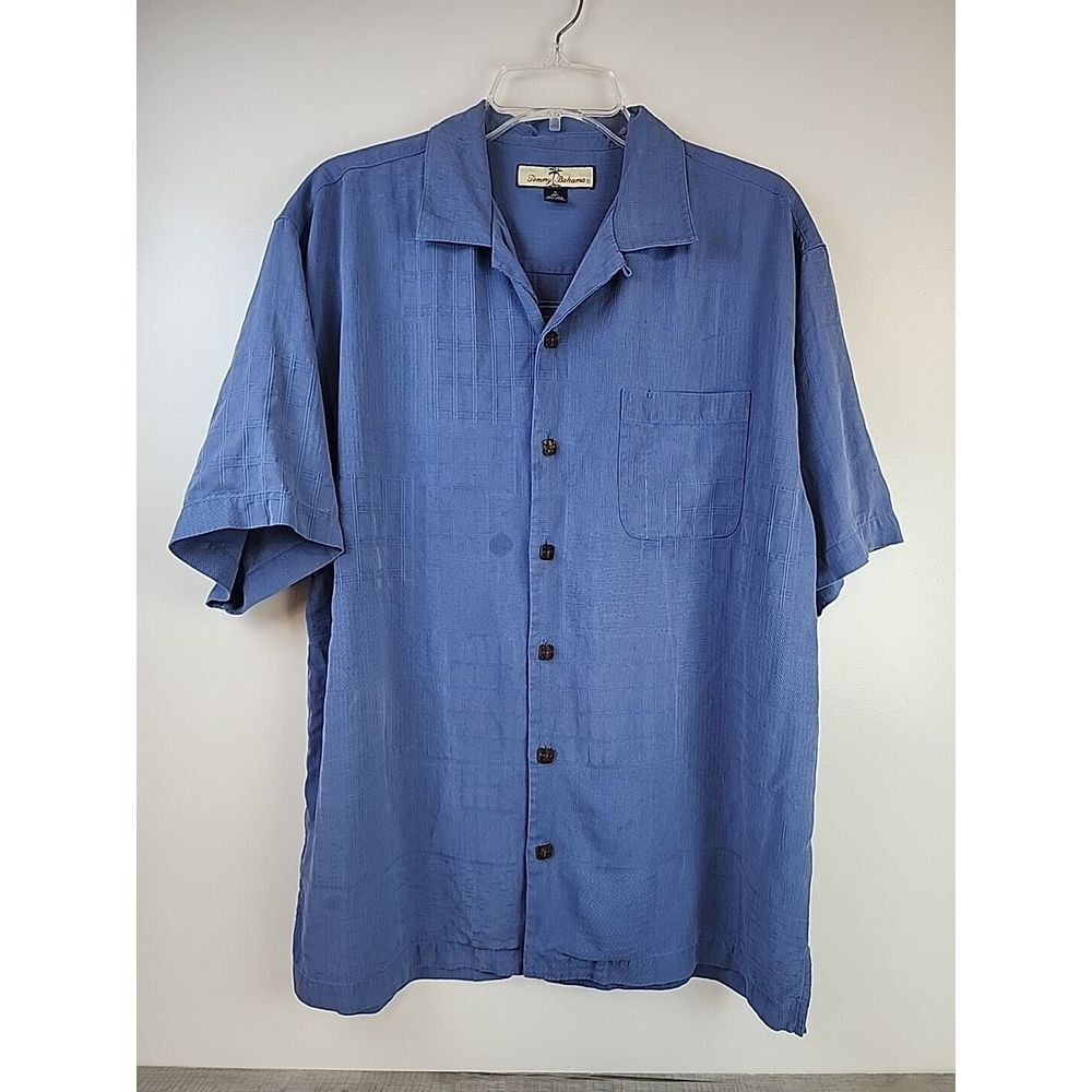 Tommy Bahama Mens‎ Shirt Medium Blue Silk Hawaiian Martini Embroidered Hip Y2K